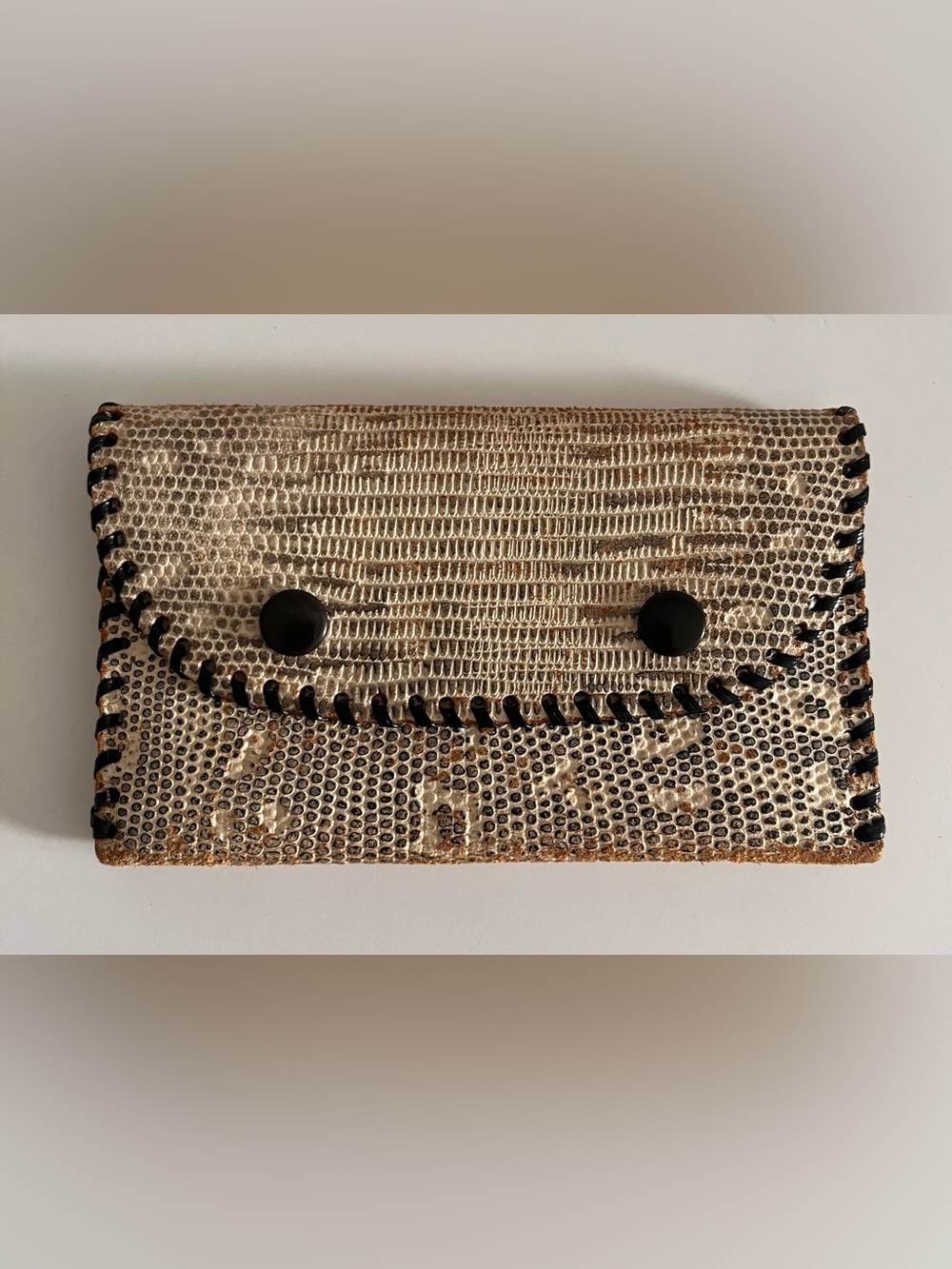 Vintage Snakeskin Print Leather Card Case Snap Wallet